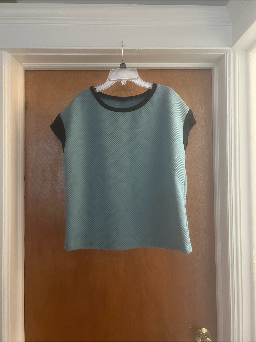 SHEIN Women’s Dark Mint Green Cap Sleeve Textured Top with Black Trim